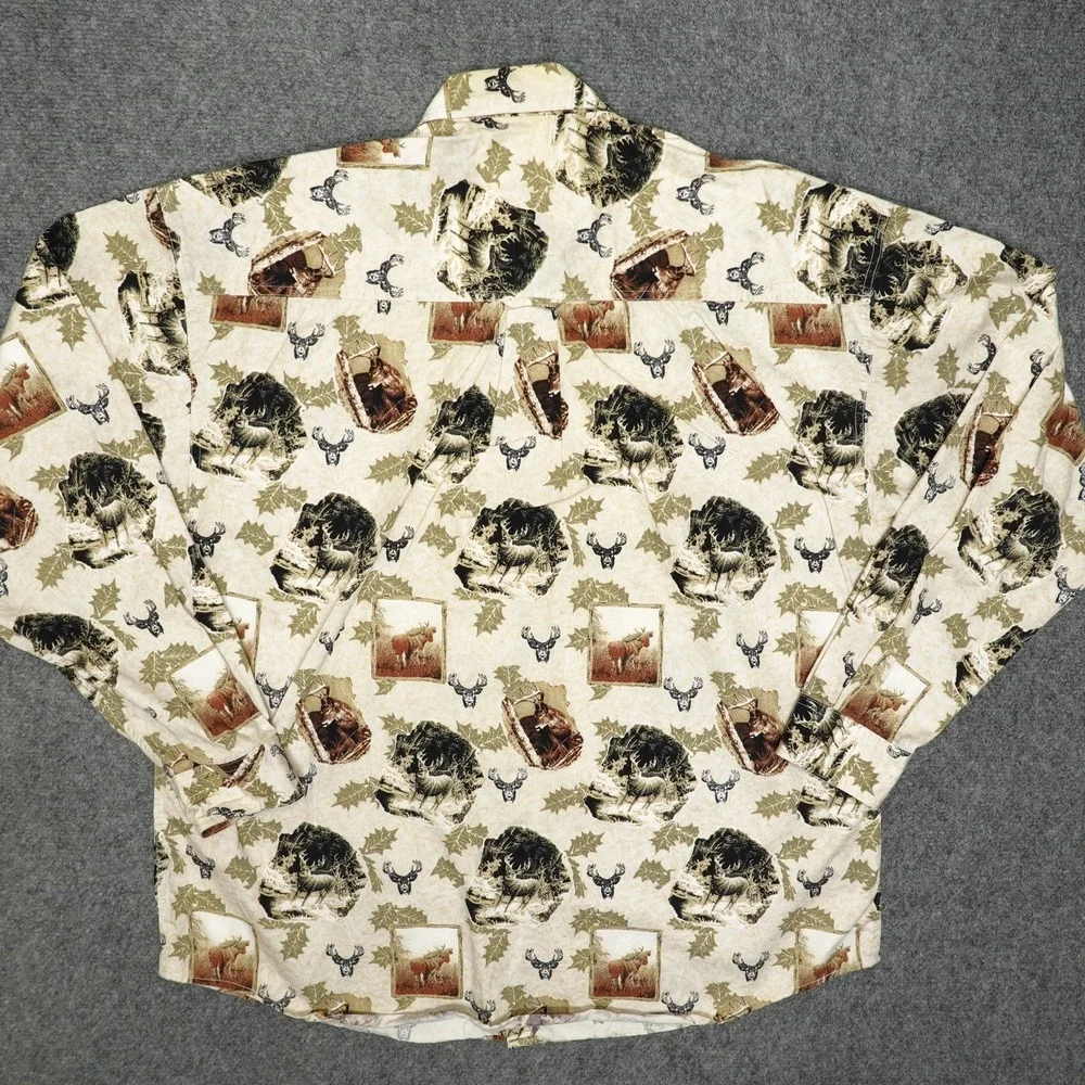 North River Shirt Mens XL Beige Nature Print Outdoors Wildlife Moose Deer Leaves